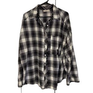 Skull House Western Top Cowgirl Giddy Up Rodeo XL Plaid Black White Button Up